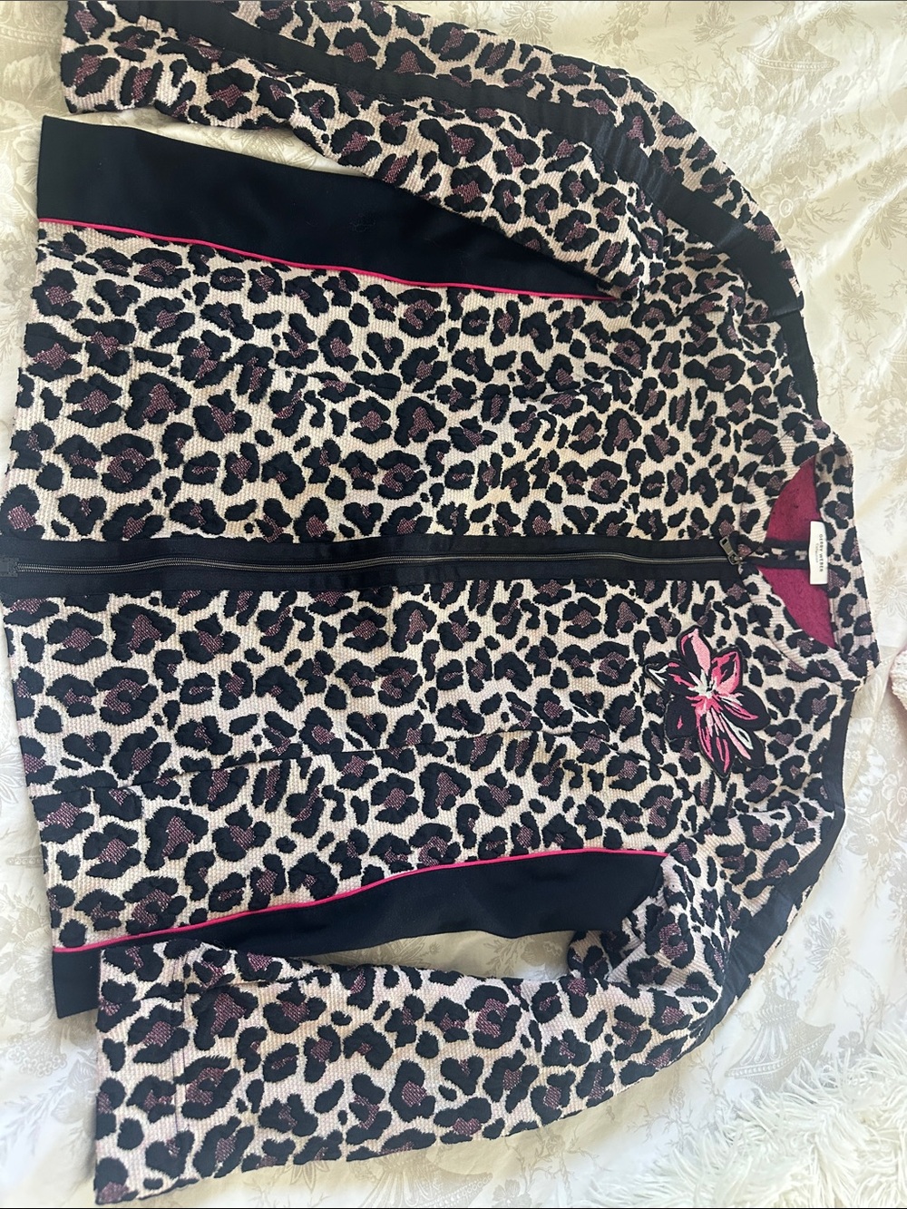Gerry Weber Textured Funky Leopard Print Floral Embroidered Zip Cardigan